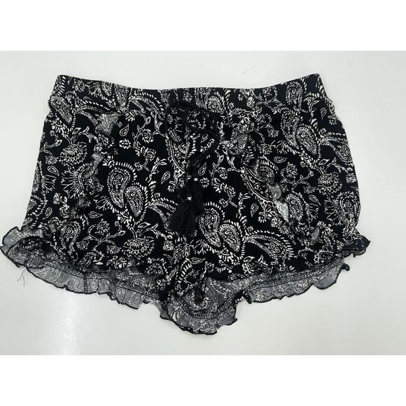 Mudd Womens Juniors Shorts Size XL Black Paisley Flowy Ruffled Elastic Waist - Picture 1 of 11